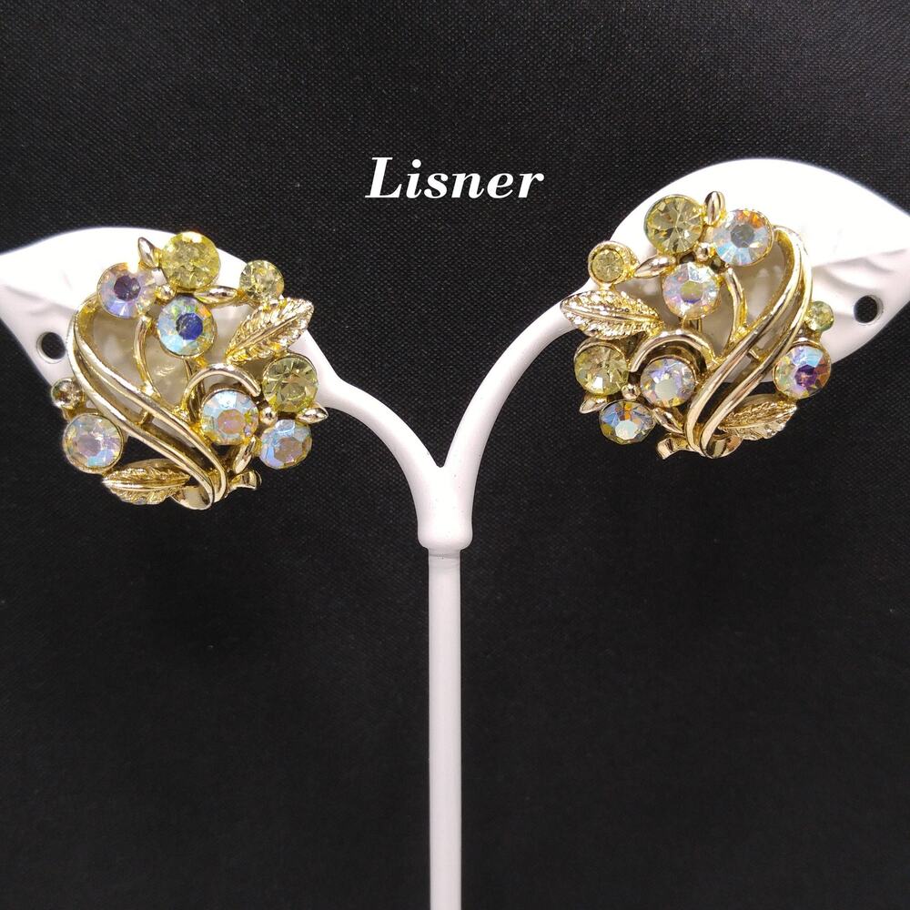Vintage Lisner Aurora Borealis Rhinestone Earrings, Gold Tone Screw Back, 1950s